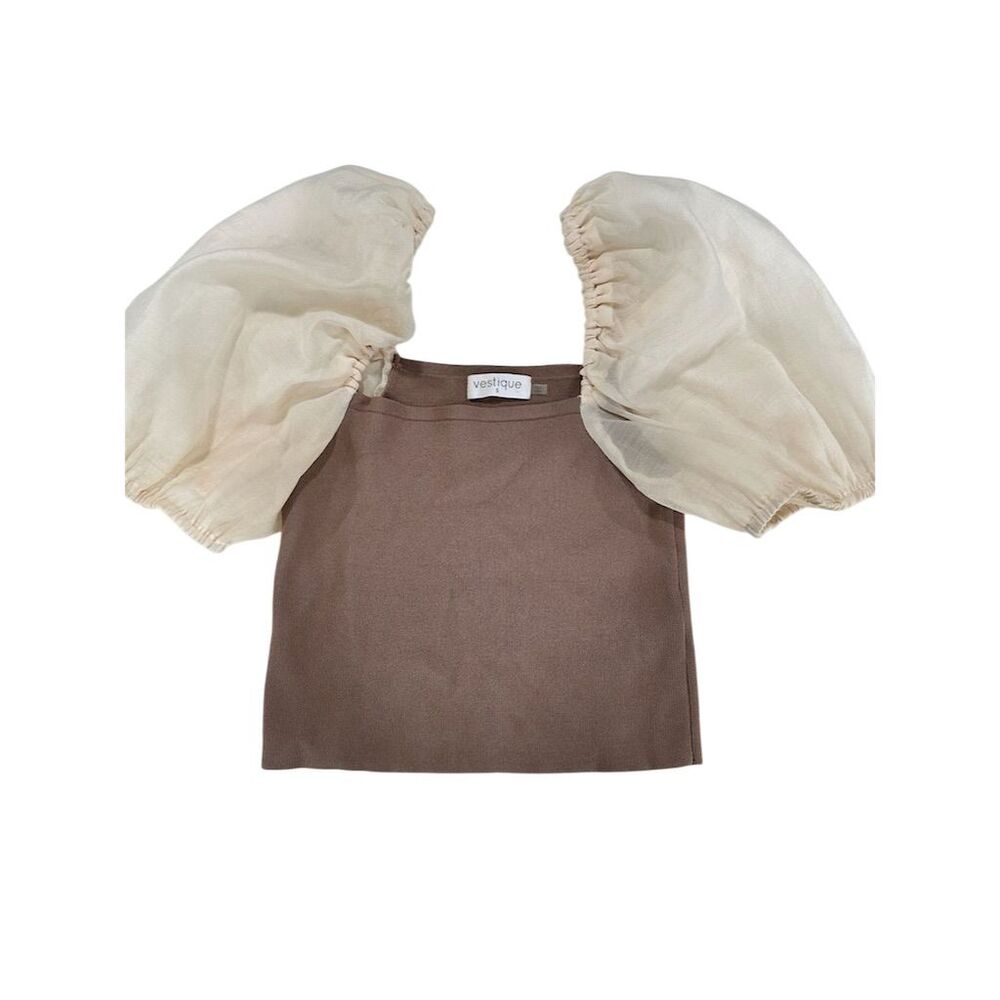 Vestique Women's Puff Sleeve Crop Top Size S Standard Mocha Cream Casual Blouse